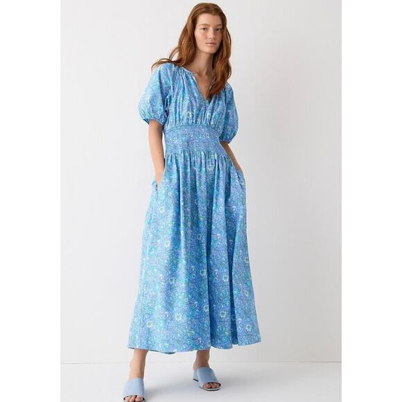 J. Crew Provence Smocked Waist Midi Dress Puff Sleeve Floral Marigold Blooms - Picture 14 of 14